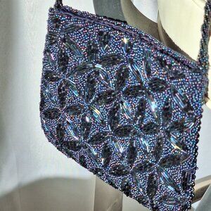 Boho Chic-Sparkly Blue & Multicolor Beaded Shoulder HandBag-Braided Strap.